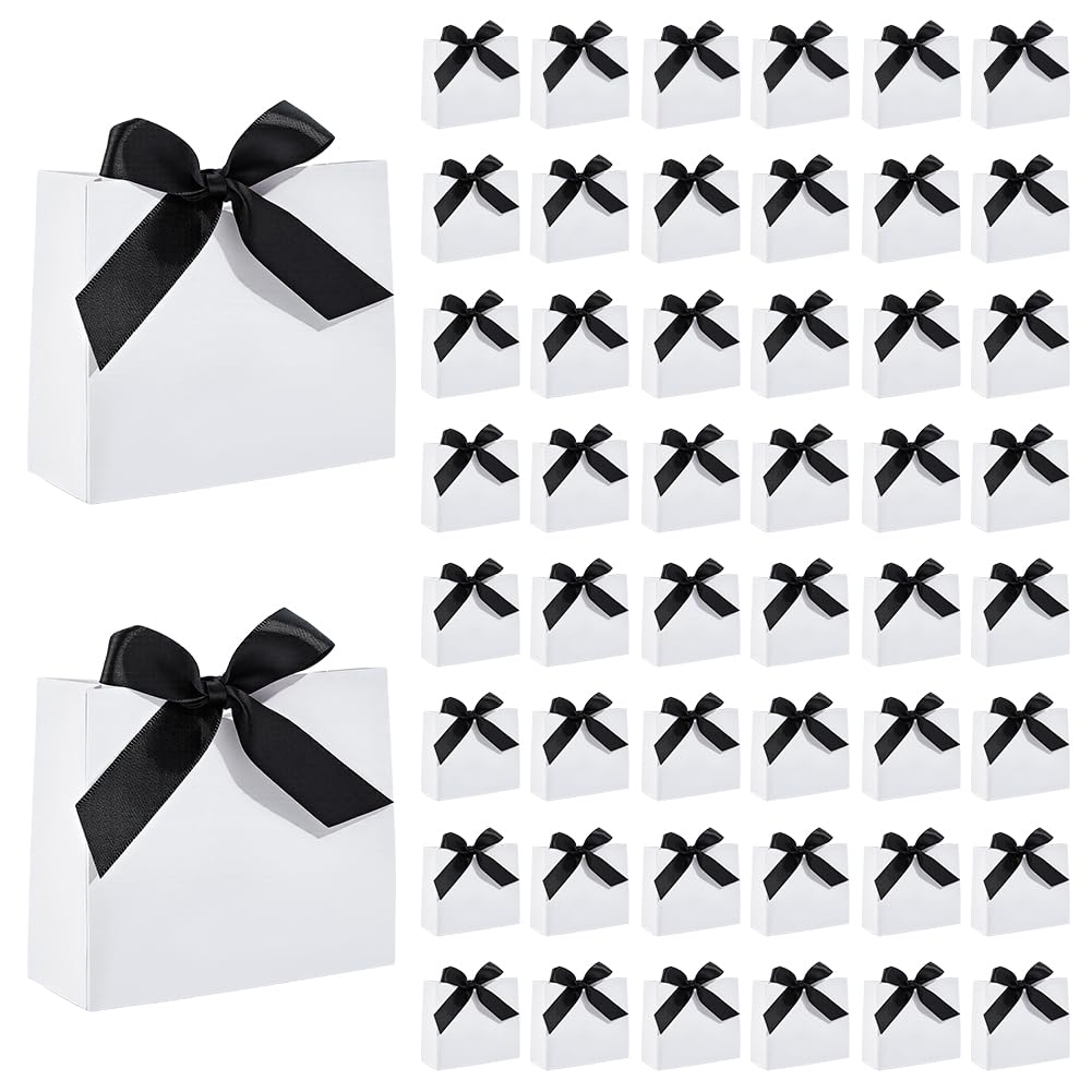 NBEADS 50 Sets Small Gift Bags, Mini Party Favor Bag Treat Box with Bow Ribbon Party Favors Goodie Bags for Wedding,Birthday, Shower Favor, Bridal Shower, White, 11.4x4.5x10cm