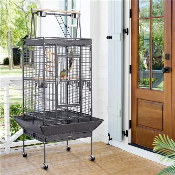 Abician Grande Cage Oiseaux Volière avec Pied sur Roulette 81 x 76 x 174 cm Noir