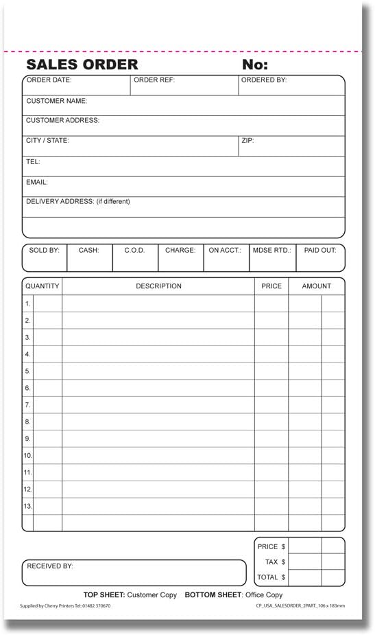 Cherry Carbonless Sales Order Book, 2-Part, with Loose-Leaf Writing Shield, 50 Sets, 4.17 x 7.20 Inches Unnumbered : Office Products