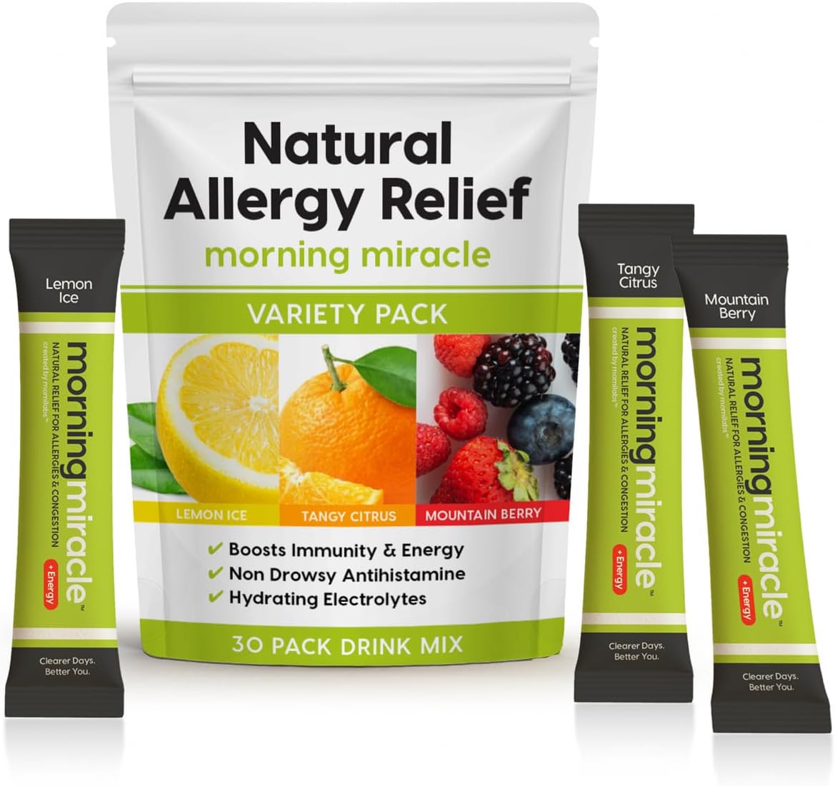 Morning Miracle Natural Allergy Relief Non-Drowsy Drink Mix for Sinus Support, Steady Energy, and Daily Natural Antihistamine for Adults and Kids (Non Caffeinated, 30 Stick Variety Pack)