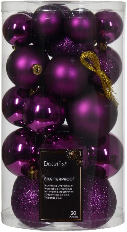 Decoris 30 Violet Purple Baubles Assorted Shatterproof Christmas Tree Hanging Decorations 4cm 5cm 6cm Round Tree Decs (023090)