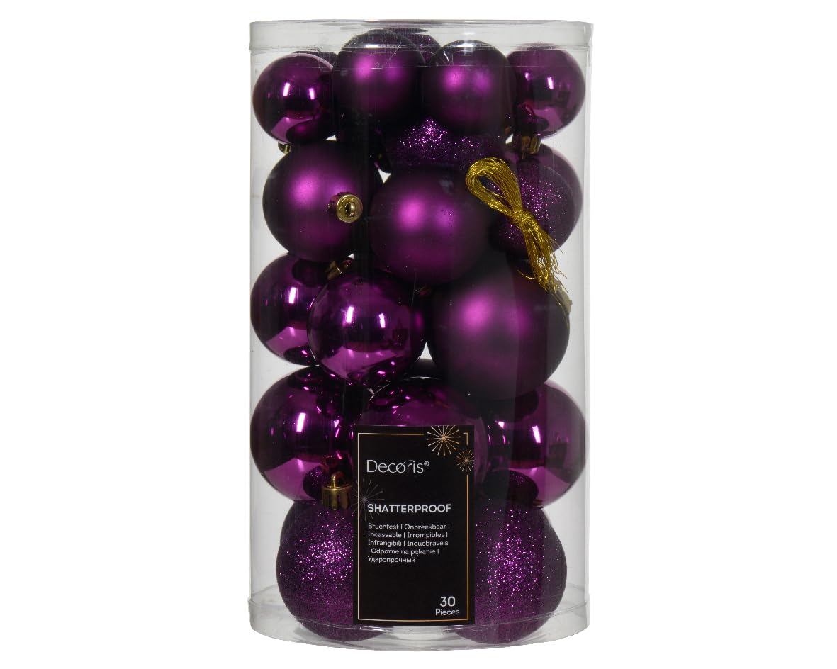 Decoris 30 Violet Purple Baubles Assorted Shatterproof Christmas Tree Hanging Decorations 4cm 5cm 6cm Round Tree Decs (023090)