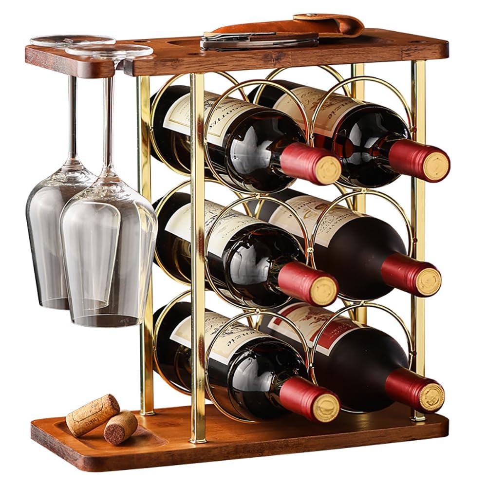 6-Bottle Wine Rack with Glass Holder, Wooden & Metal Countertop Wine Storage with Tray, Gold Finish for Kitchen, Bar, Home Decor