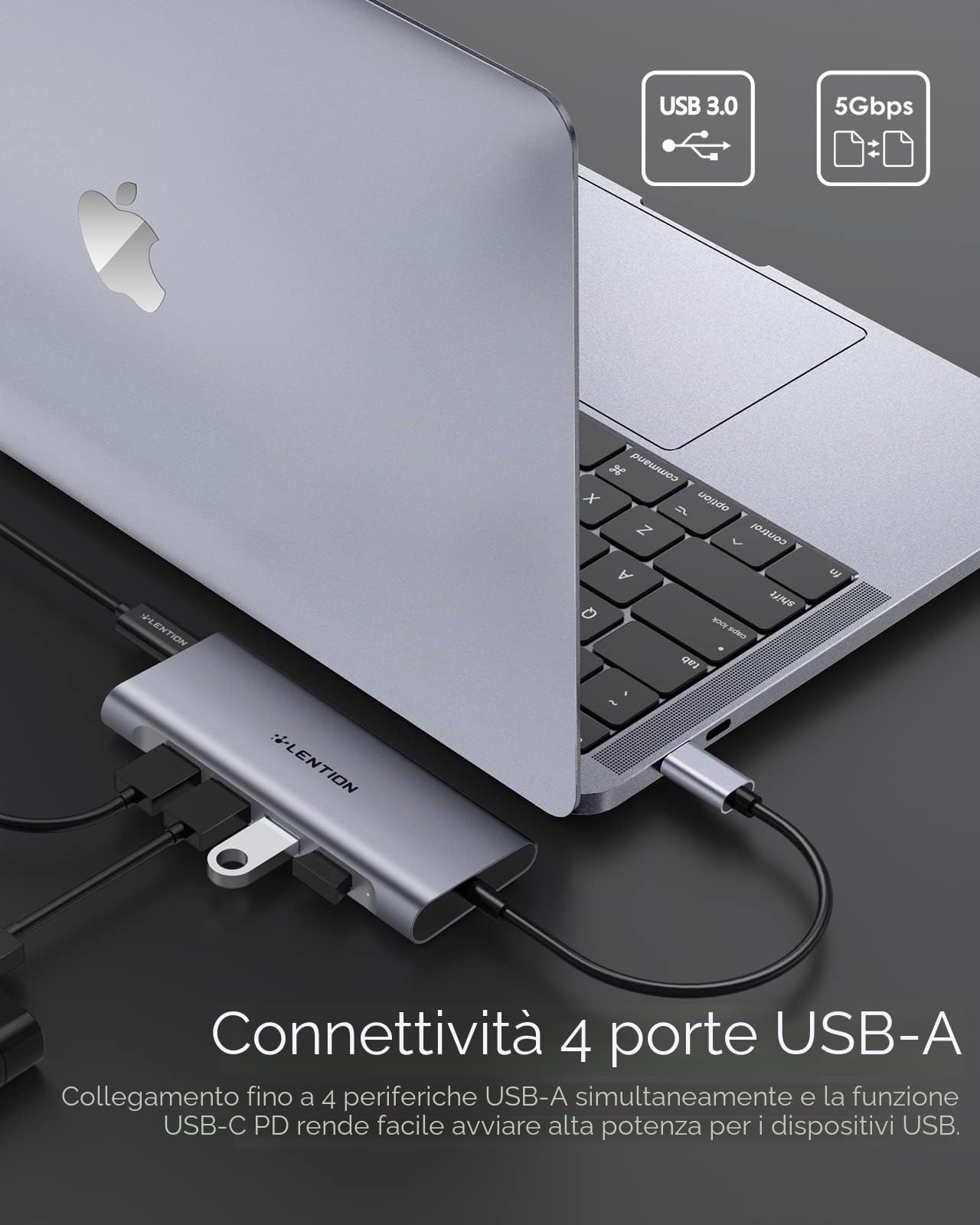 LENTION Hub USB C HDMI 4K, 4 Porte USB 3.0, PD 100W Ricarica di Tipo C, Adattatore per 2023-2016 MacBook Pro M2 M1, Mac Air, iPhone 15 Plus Pro Max, Surface PRO 9, Chromebook (C35H, Grigio Spazio)
