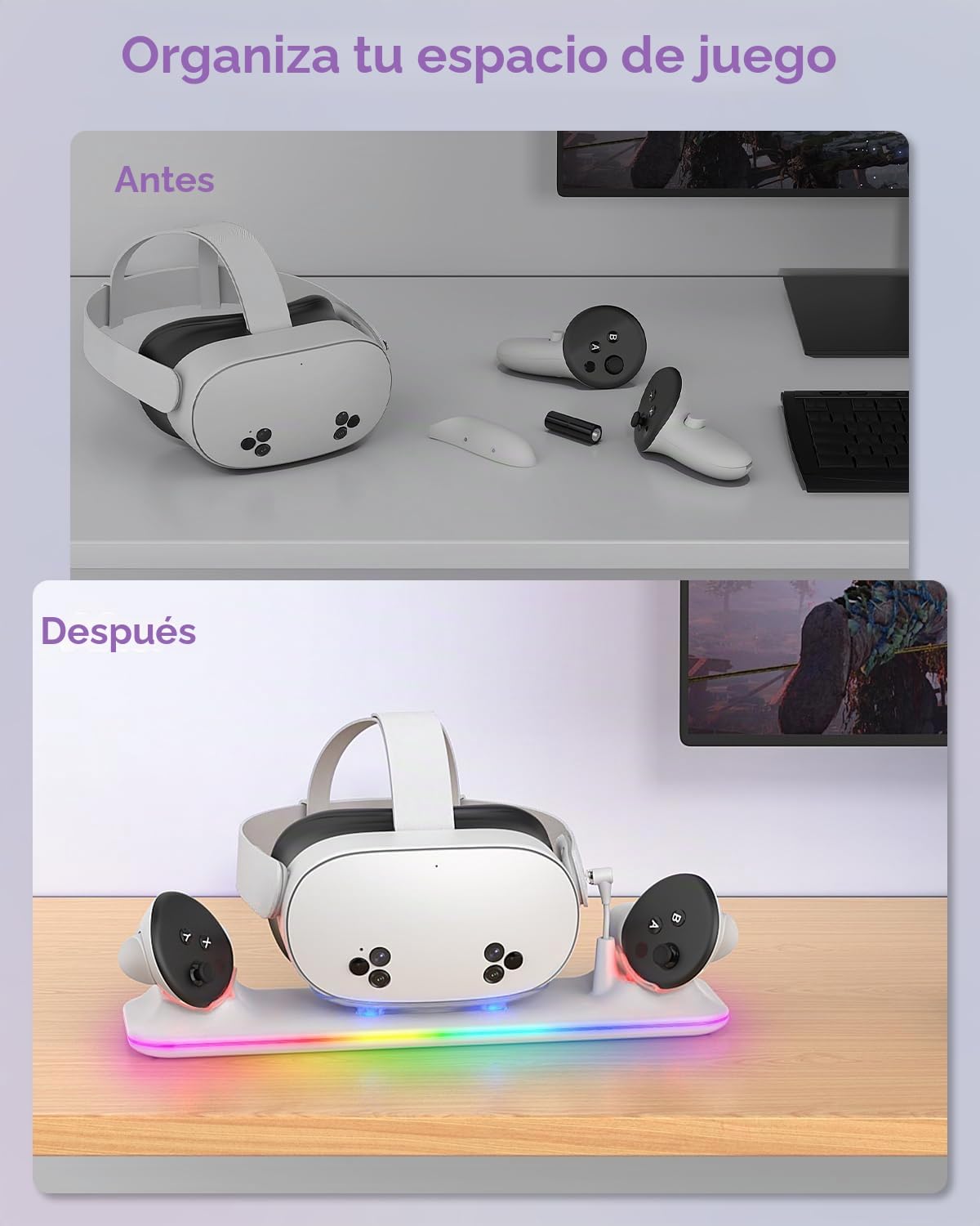 Base de carga para Meta Quest 3S/3, estación de carga magnética Kinwin para Oculus Quest 3S/3, accesorios con luz RGB, soporte de carga para auriculares VR y controlador con 2 baterías recargables