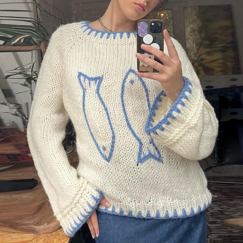 Image of SOOKABEILA Women Y2K Graphic Sweater Top Long Sleeve Knit Print Pullover Oversized Loose Aesthetic Fall Sweatshirt