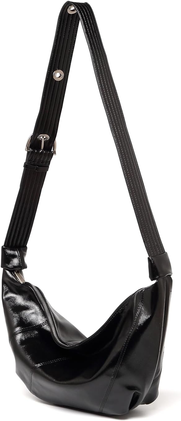 Women's Moon Strap Bag Black Crossbody Bag with Adjustable Shoulder Strap, Fashionable Wallet Simple Casual Day Bag