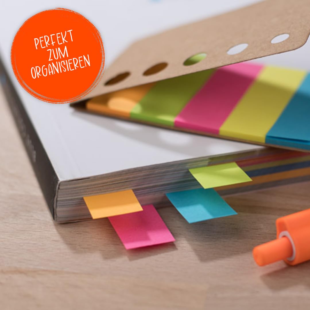 Haftnotizen Set 500 Stück 5 Farben Recyclingkarton Umschlag kompakt | Seitenmarker Haftstreifen beschreibbar stark haftend für Büro Studium Organisation