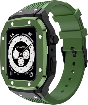 Modification Mod Kit Metal Frame Silicone Strap For Apple Watch Band Case 44MM 45MM 42MM For Iwatch 7 6 5 4 SE Series Mod Color Green, Size 44MM