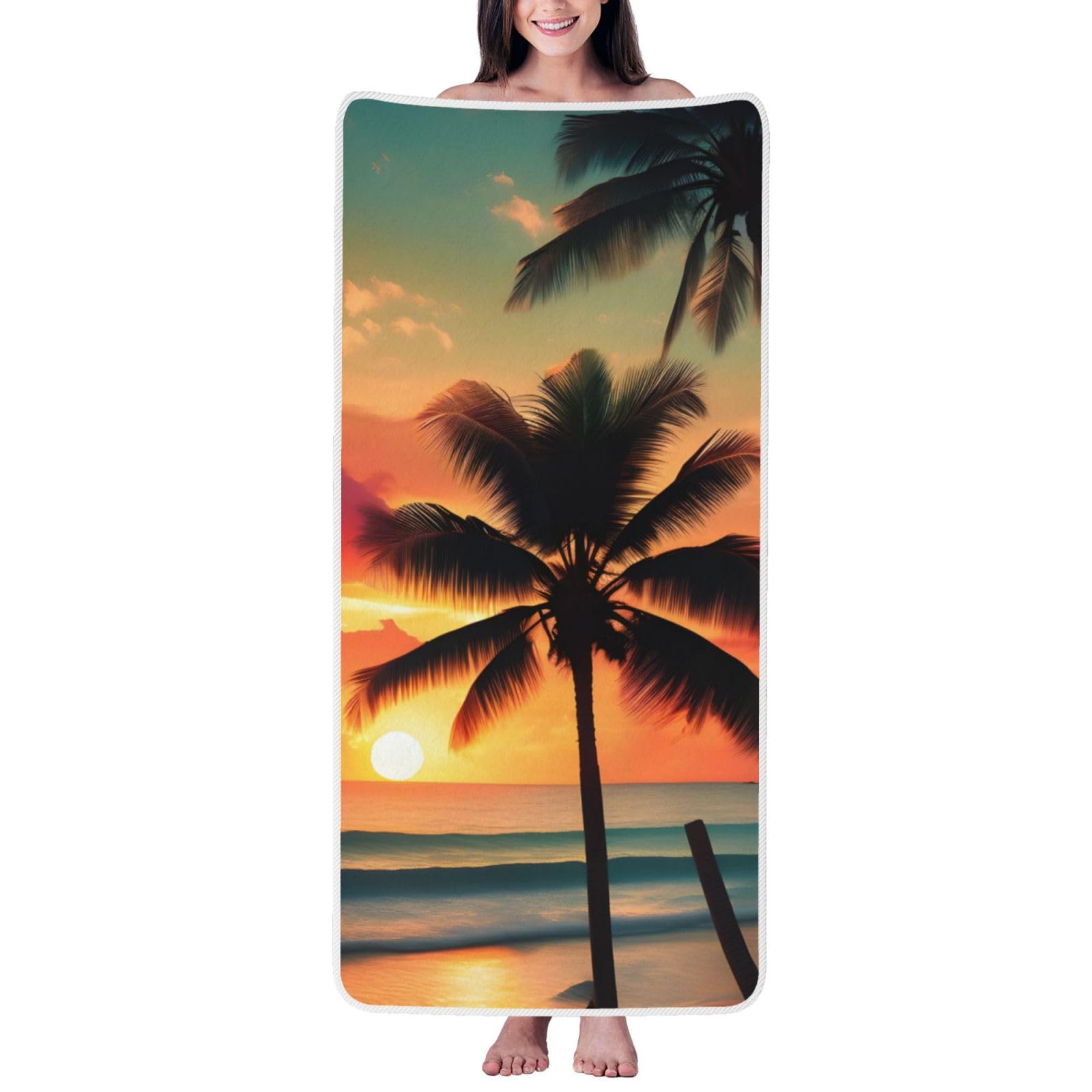 Nimongt Unisex White Tropical Beach Palm Tree Print Lightweight Comfort Coral Velvet Bath Towel Home Bathroom Hotel Spa Beach Travel