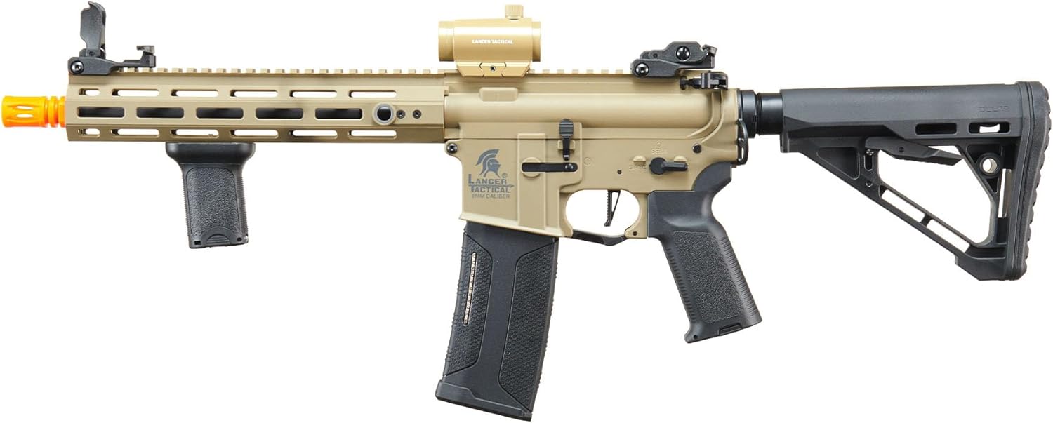 Lancer Tactical Gen 3 Hellion MLOK 10" Delta Stock Airsoft Rifle Lipo Battery Pack with Red Dot Sight & Grip