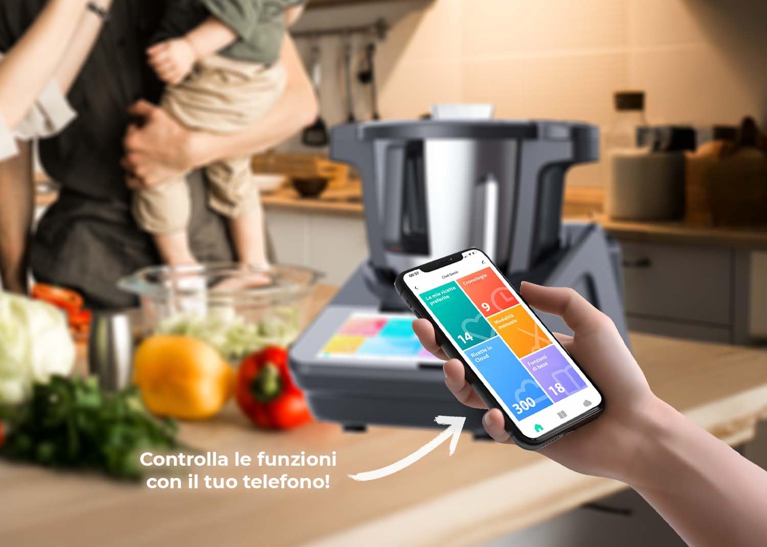 Necchi Robot da Cucina Chef Genio, Potenza Totale 1700 W, Velocità regolabile da 60 a 7000 rpm, Controllo temperatura da 37°C a 180°C, Bilancia integrata 5kg