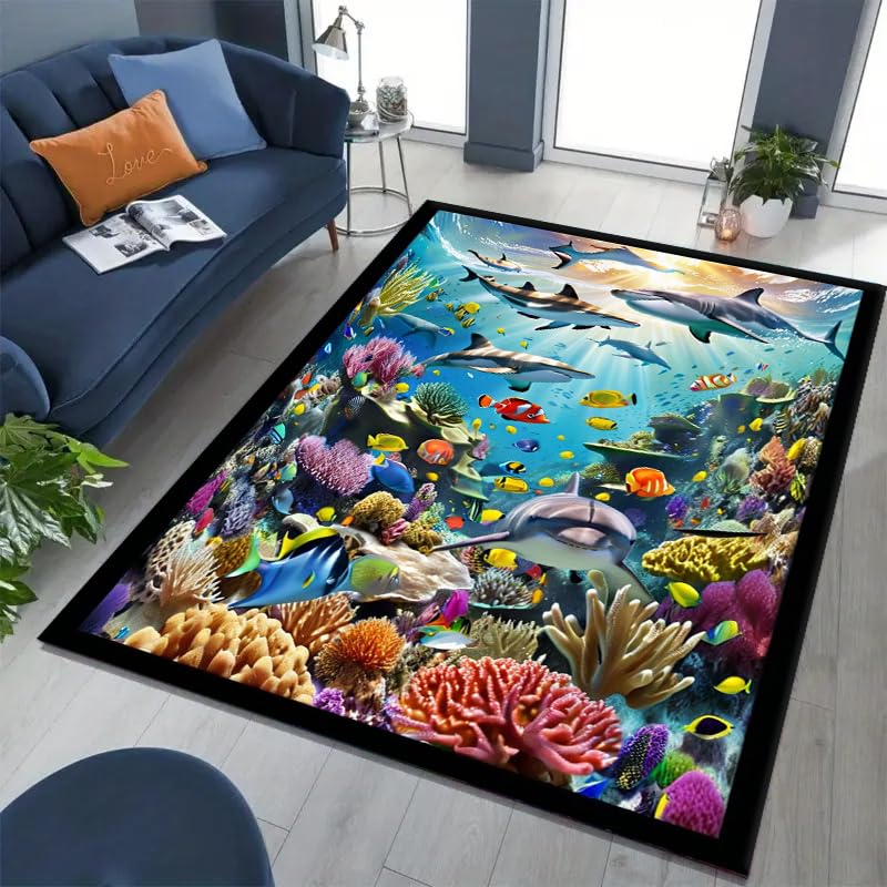 PDENZG 3D Colorful Ocean Area Rug，3x5ft,Coastal Nautical Rug for Bedroom Living Room, Coral Whale Dolphin Marine Life Rug，Washable Beach Rug ，for Kids