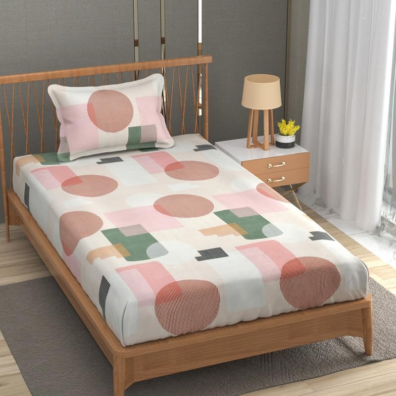 NEW LEAF Pure Cotton 180 to 220 tc Flat Single Bedsheets for Summer Breathable | Wrinklefree |Super Soft (Size-60 X 90 Inch) with 1 Pillow Covers (Size-17 X 27 Inches, Polkadot, White Pink)