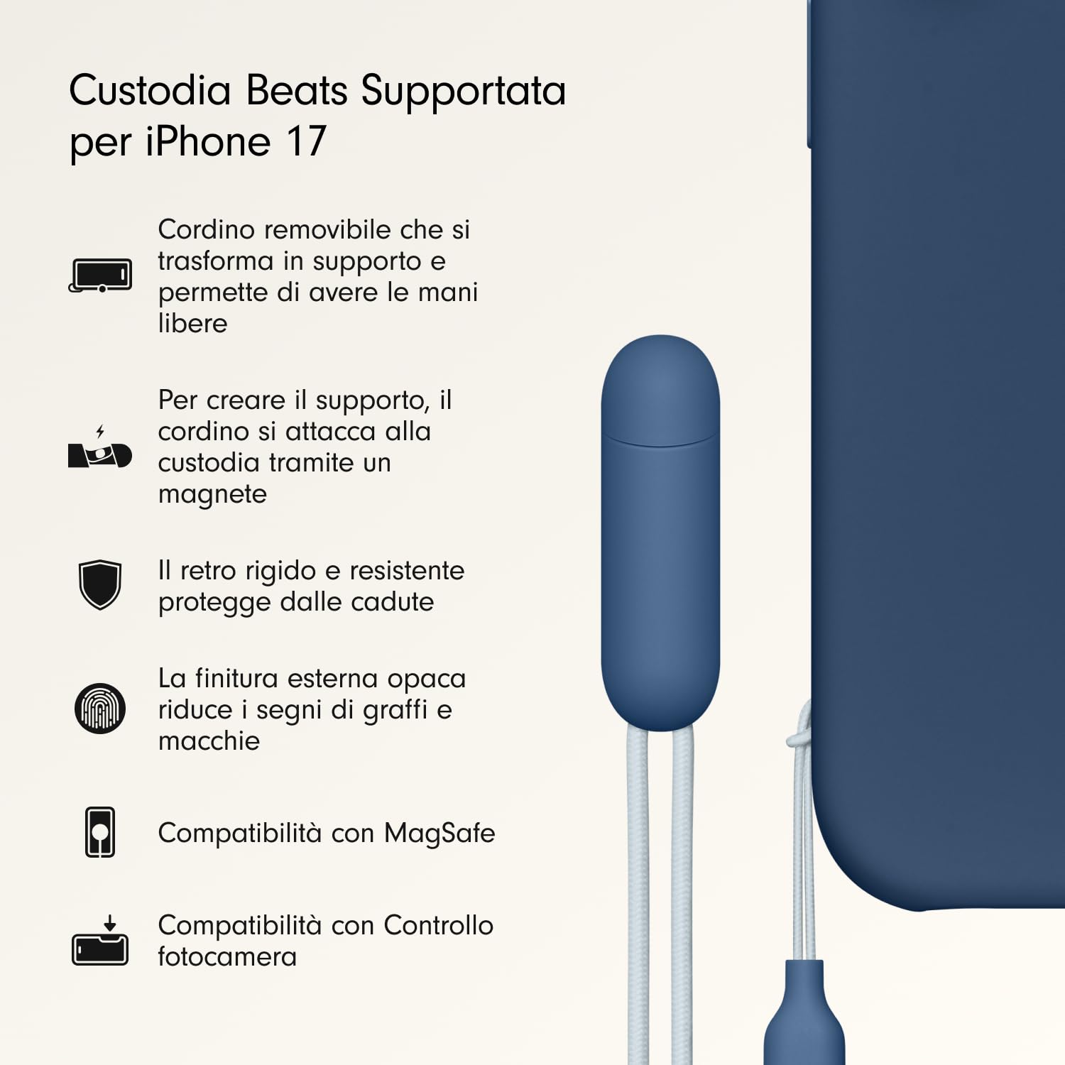 Beats Custodia Cavalletto per iPhone 17 con MagSafe e Controllo fotocamera, cordino che funge da supporto integrato, finitura opaca, fodera in microfibra – Blu roccia madre