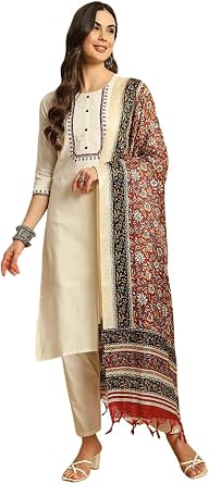 Indya Cream Embroidered Cotton Straight Kurta Set Embroidered for Casual | 3/4 Sleeve | Salwar Kameez