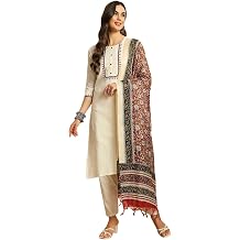 Indya Cream Embroidered Cotton Straight Kurta Set Embroidered for Casual | 3/4 Sleeve | Indian Ethnic Wear
