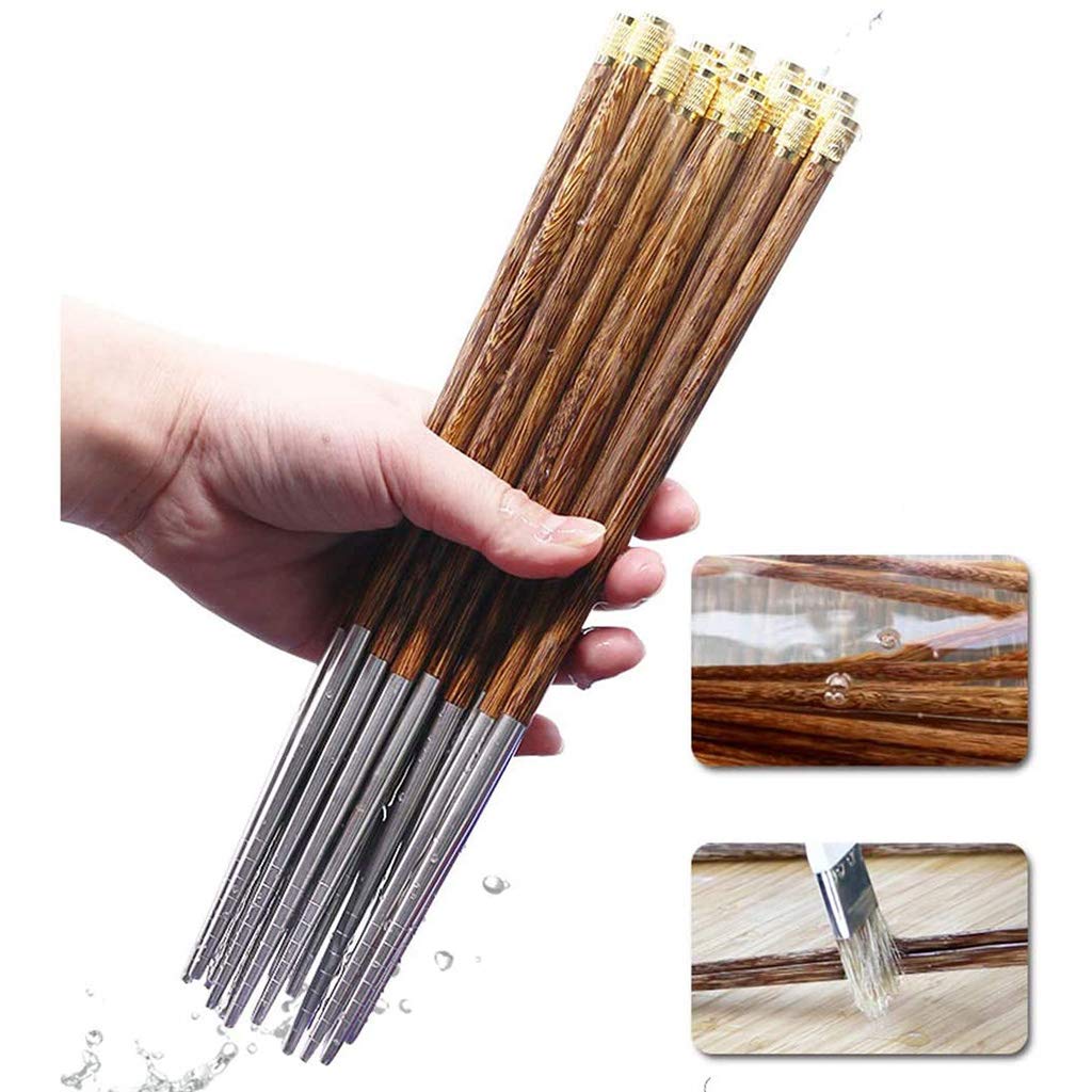 FAMMIX Juego de 10 pares de palillos de madera reutilizables de acero inoxidable 304 con estuche, palillos de alta calidad, aptos para lavavajillas, palitos chinos japoneses para sushi, fideos A