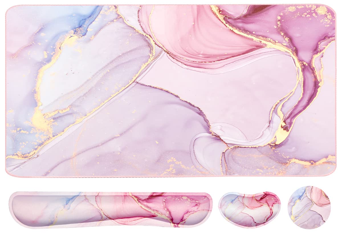 Keyboard Mouse Pad Set,Extended Gaming Mouse Pad+Keyboard Wrist Rest Support , Memory Foam, Easy Typing Pain Relief, 3Pcs (35.4×15.7 in) XXL Ultra Thick Desk Mat - Pink Marble