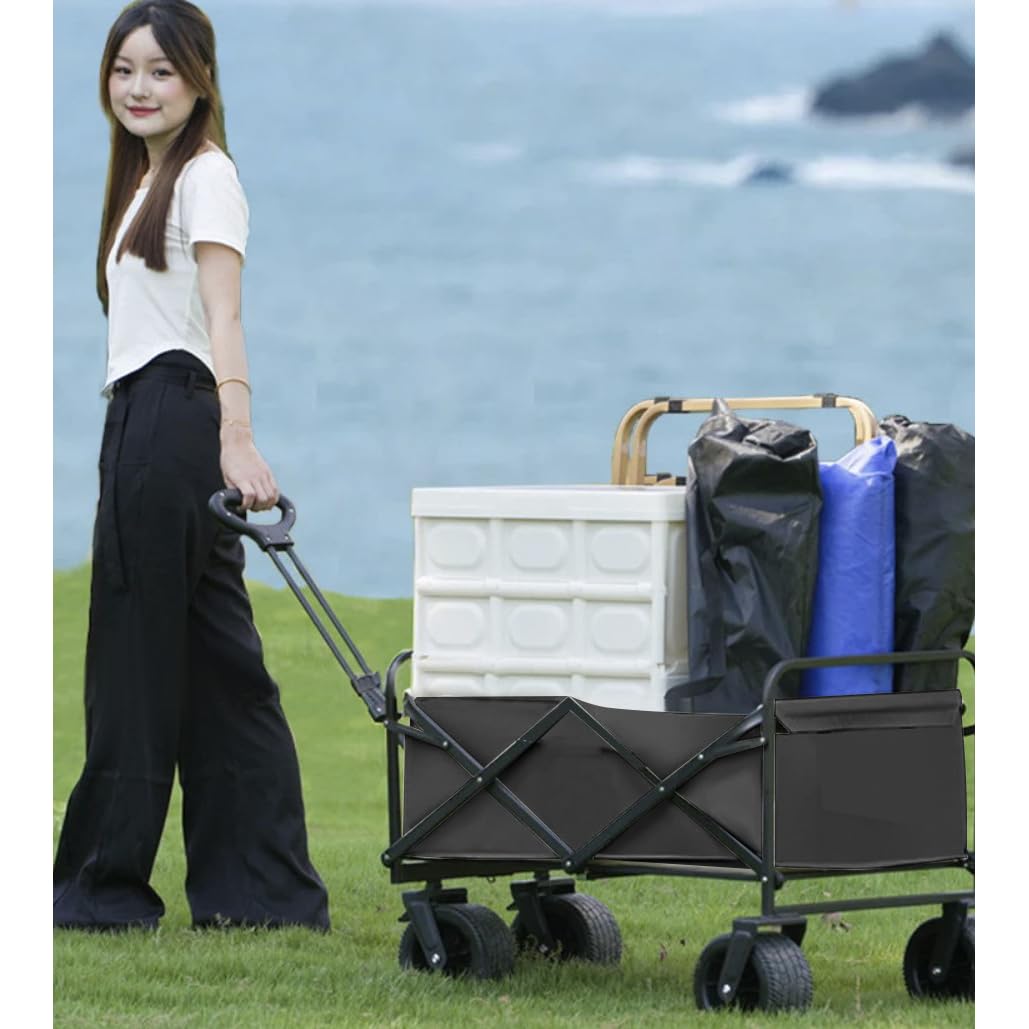 Carrello pieghevole con ruote larghe per giardino, spiaggia, escursioni con freno, manico regolabile – portata 100 kg, volume 75 l