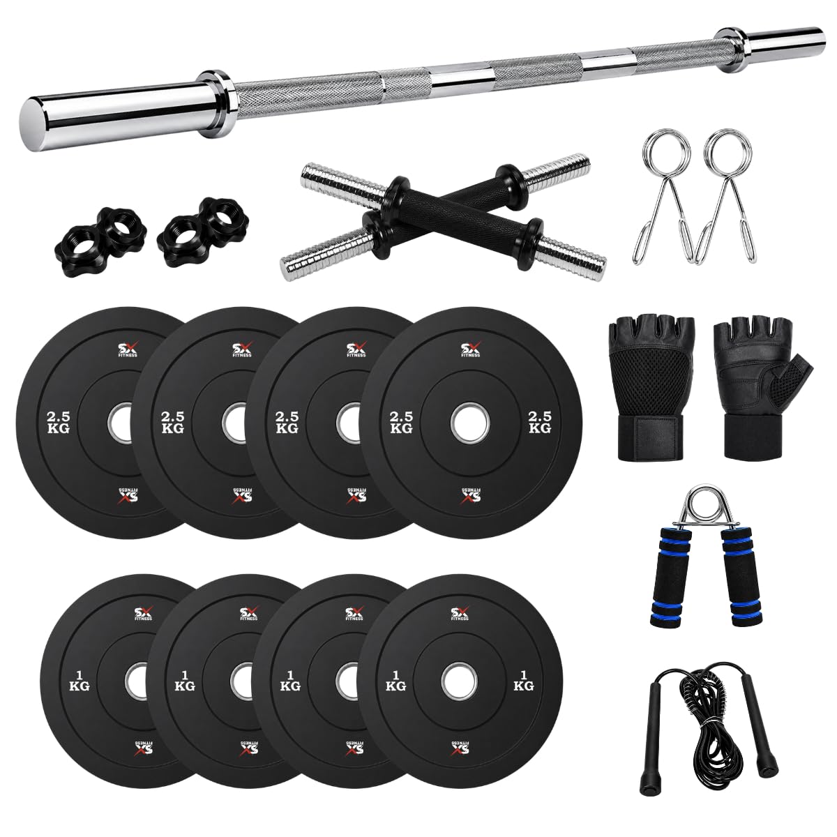 SX Fitness Home Gym Combo, Home Gym Set, 14 Kg Rubber Weight Plates (2.5Kg X 4 Plates + 1Kg X 4 Plates) with Solid Dumbbell Rod, 3Ft Plain Rod and Accessories-image-33