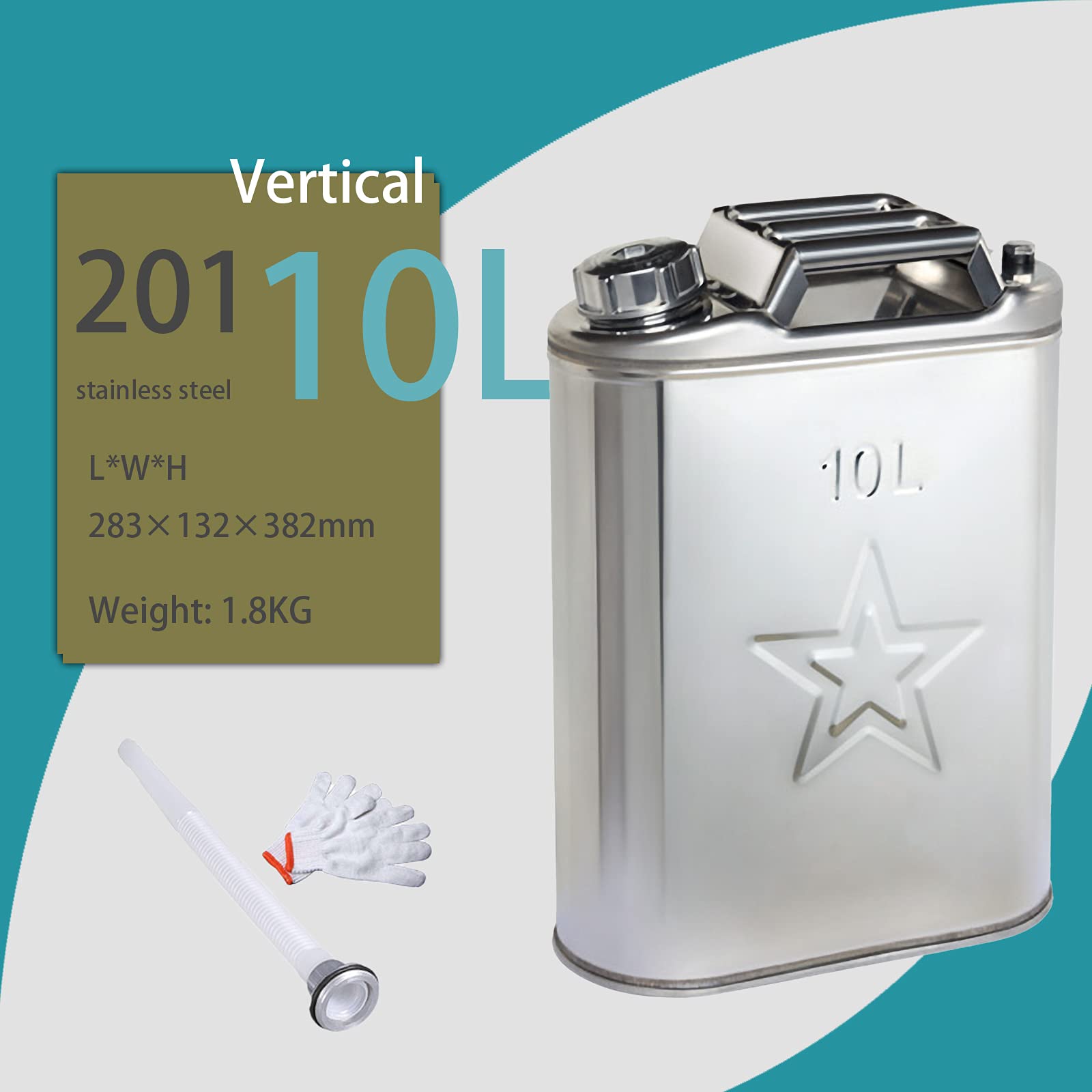 Bidon À Carburant Acier Inoxydable 201, Réservoir Carburant Rechange avec Tube Carburant Gants, Soupape Dégagement d'air Acier Inoxydable,10L