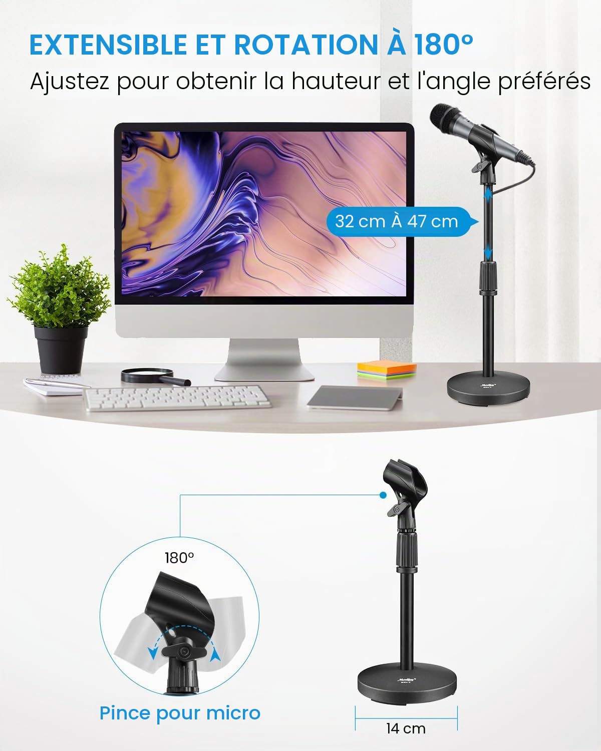 Moukey Support de Micro Réglable, Pieds et Supports pour Micros pour Bureau avec Clip Antidérapant pour Blue Yeti Snowball, MMs-2