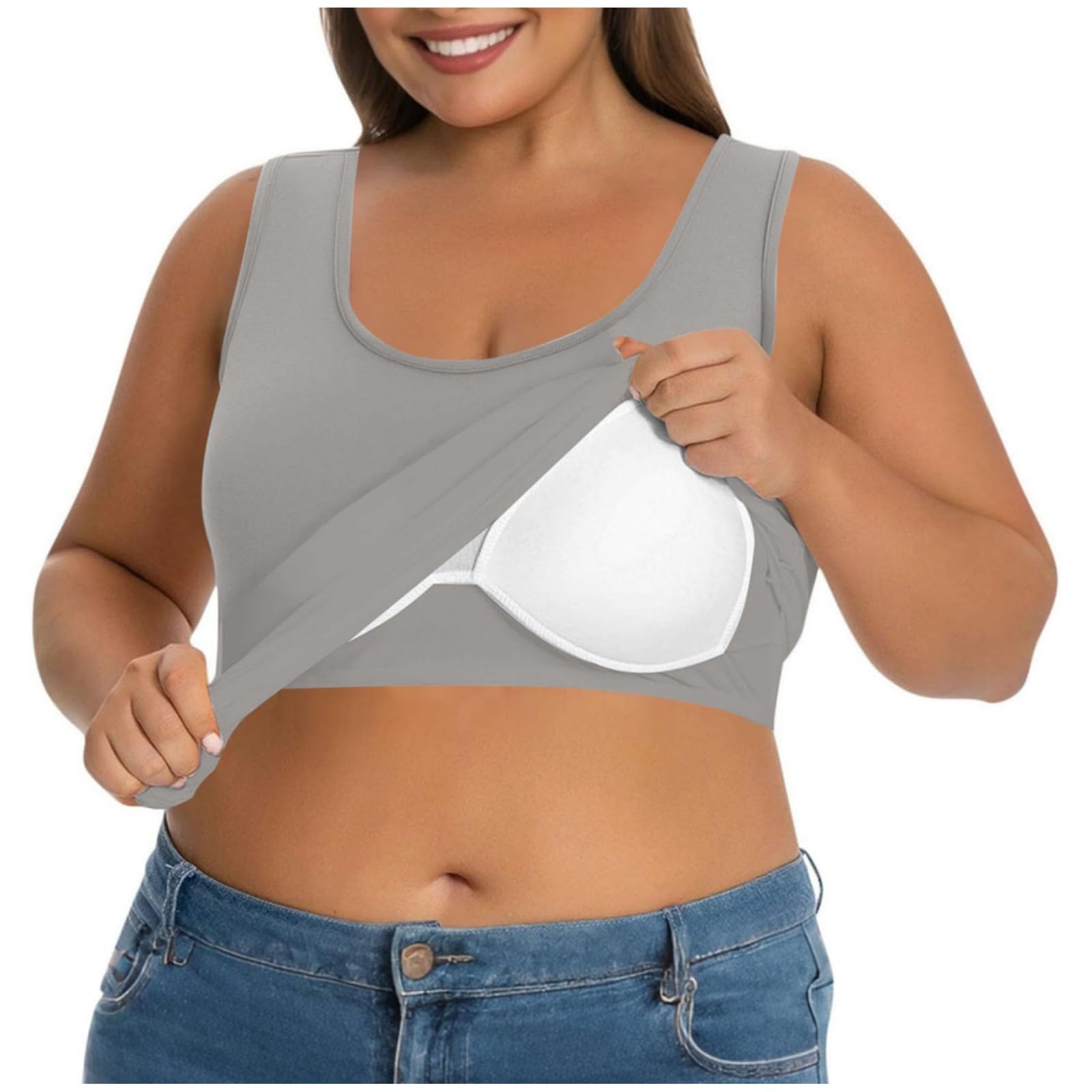 Tank Top Damen BH Hemdchen Ohne Bügel,U Ausschnitt Ärmelloses Shirt Einfarbig Yoga Trägertop,Sommer Oberteil Große Größen Unterhemd mit BH Integriert,Lässige Sporttop Basic Achselshirt für Frauen