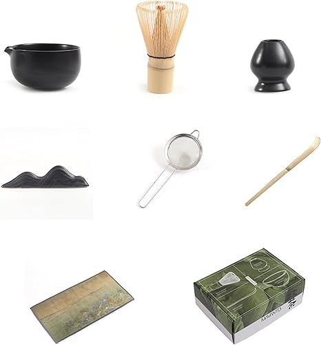 Juego de 7 té matcha japonés con cuenco de matcha (Chawan) con boquilla de vertido, batidor de matcha (Chasen), cuchara (Chashaku), soporte de