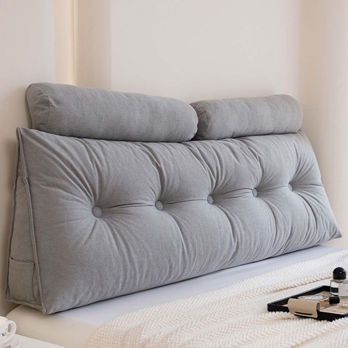 Almohada de cabecera con reposacabezas, cojín grande de cuña para leer, jugar, descansar y trabajar, respaldo suave para cama, sofá cama (100 cm, 1 rollo de cuello, gris)