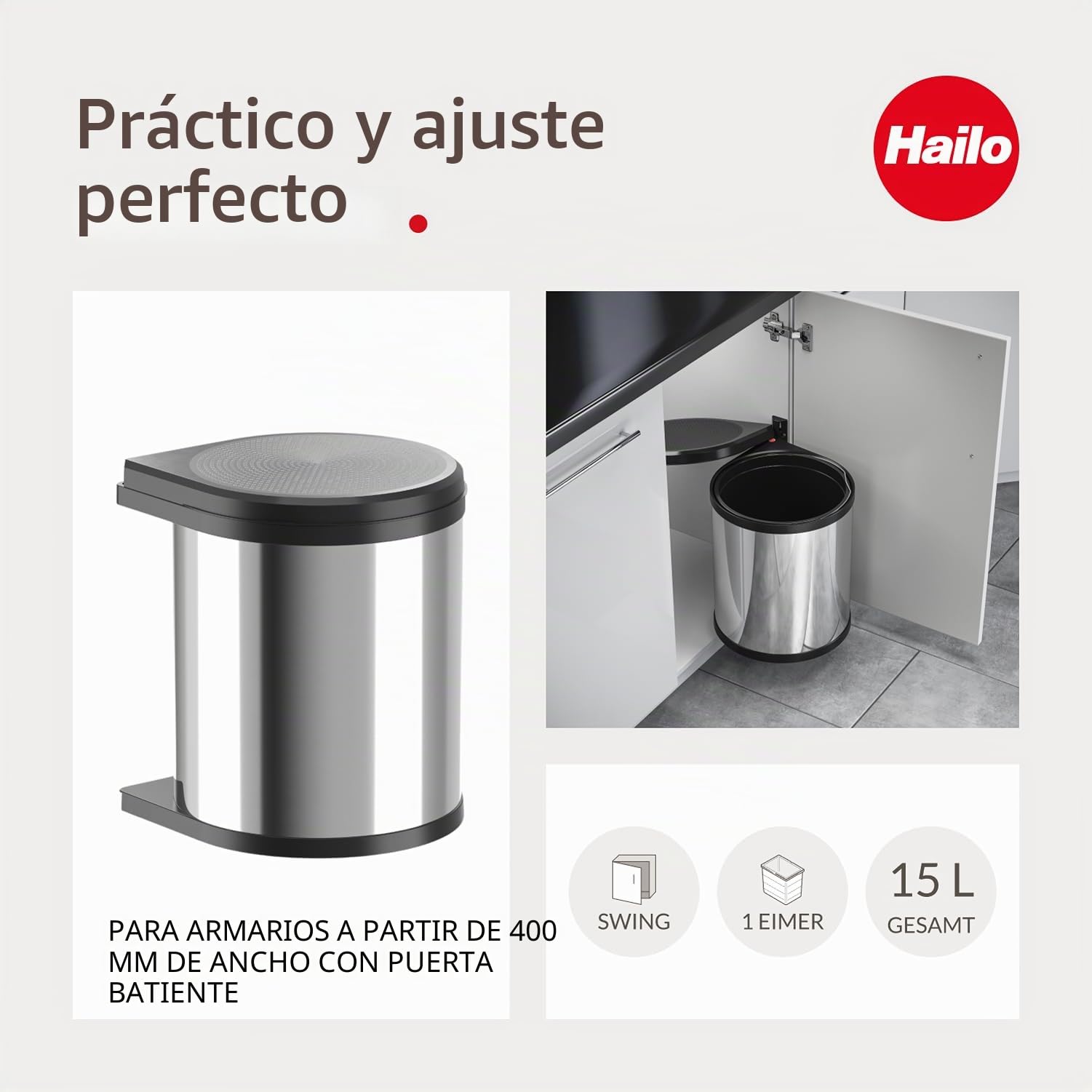Hailo Mono Papelera de Cocina, Acero Inoxidable Pulido, Negro, Talla única