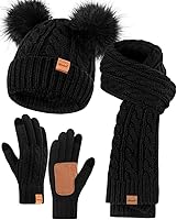 Vista 1 de Conjunto de gorro, bufanda y guantes de invierno para mujer, gorro con forro polar con doble pompón, guantes para pantalla táctil, bufanda de punto