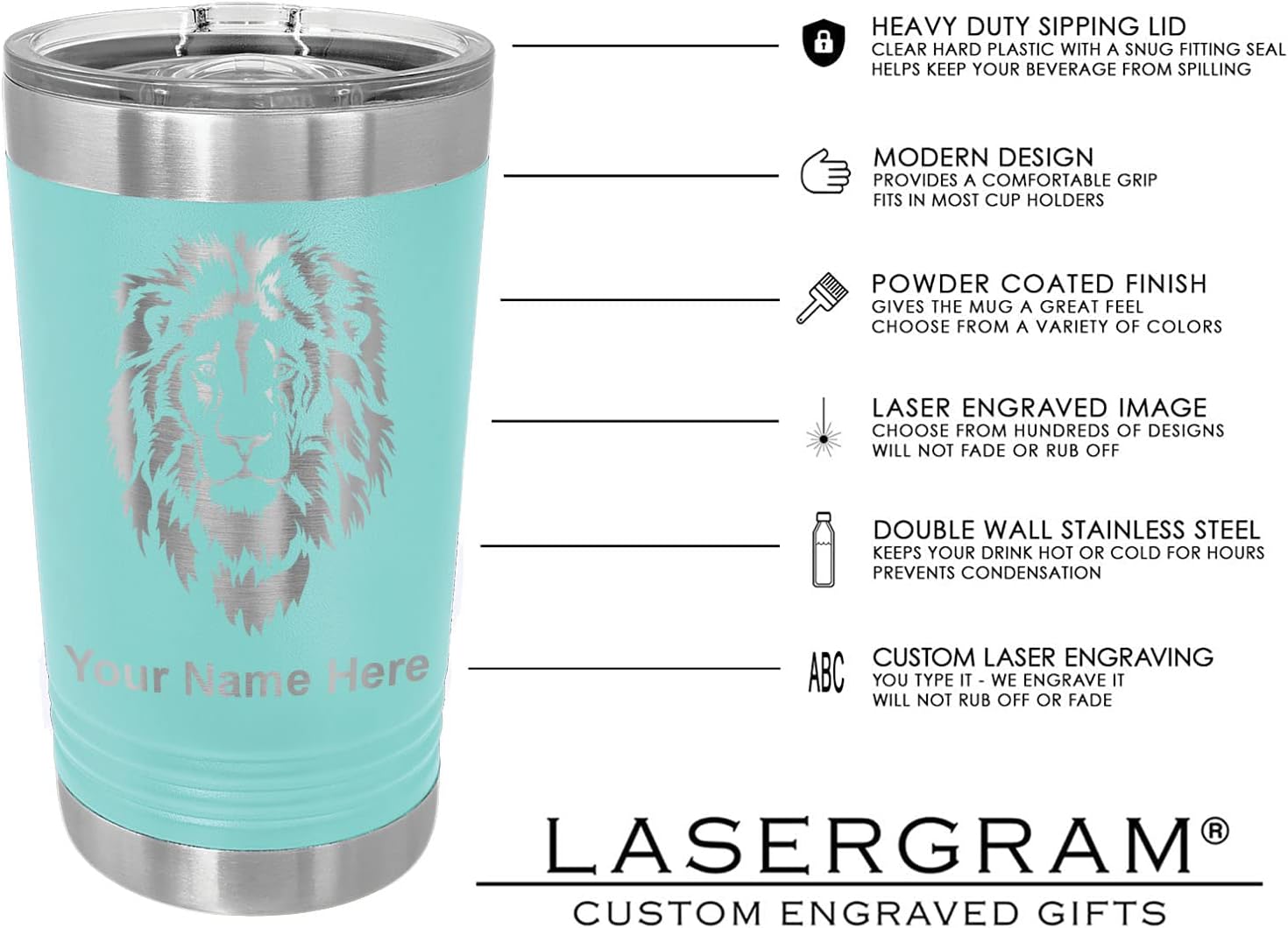 LaserGram 16oz Vacuum Insulated Pint Tumbler, Flute, Personalized Engraving Included (Teal)