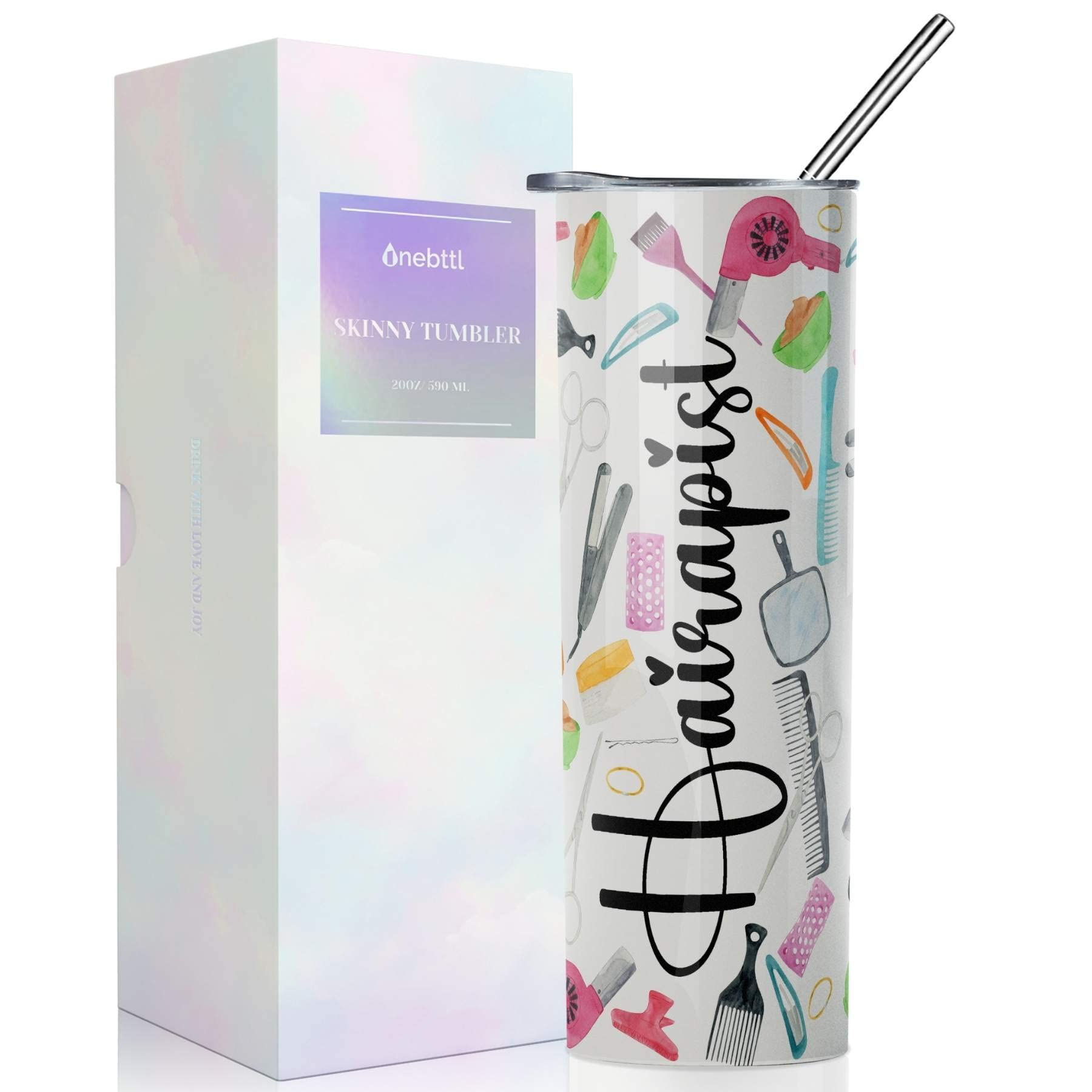 Onebttl Hair Stylist Gifts For Women, Female, Her - Hairapist - 20oz/590ml Stainless Steel Insulated Tumbler with Straw, Lid, Message Card - Thank You for Hairdresser, Hairstylist