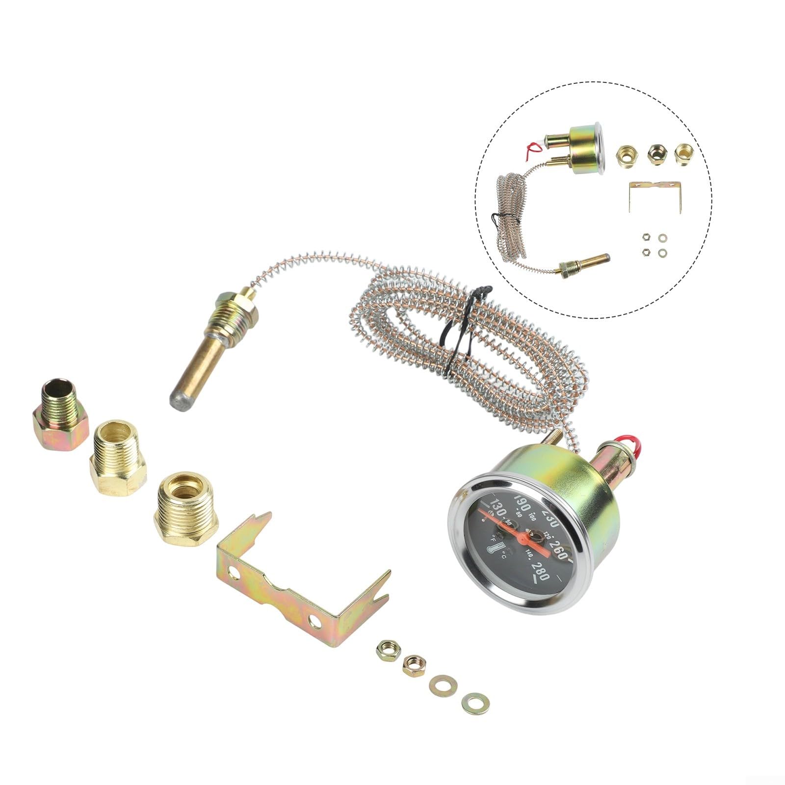 Jauge de température de l'eau de 52 mm pour voitures, bateaux, thermomètre de liquide de refroidissement de moteur mécanique de 50 à 140 °C avec câble de 1,8 m de construction en métal
