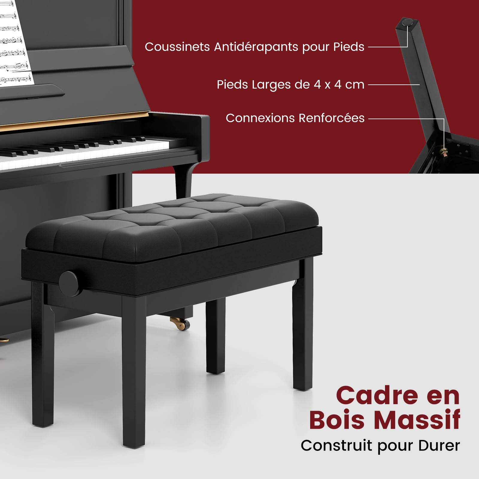 GIANTEX Banc pour piano avec hauteur réglable de 48 à 58 cm, tabouret rembourré pour 2 personnes, tabouret avec espace de rangement et pieds antidérapants, noir