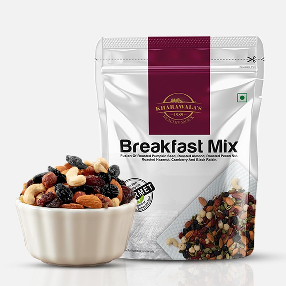 KHARAWALA'S ; HEALTHY SNACK Breakfast Mix - 200gm | Fusion of Roasted Pumkin Seed, Almonds, Pecan Nuts, Hazelnut, Cranberry & Black raisins