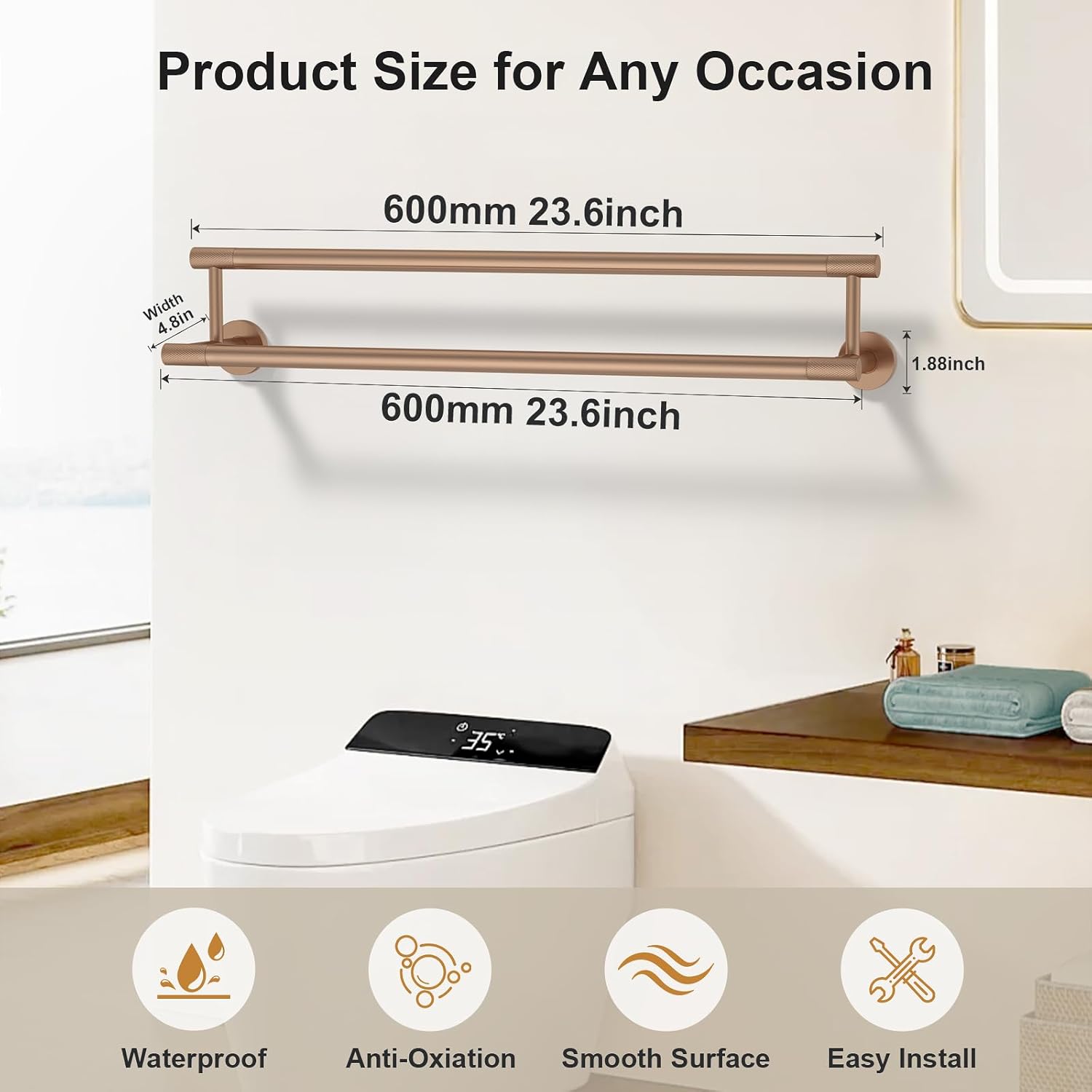 Double Towel Bar 24 Inch, Rose Gold Heavy Duty Stainless Steel Towel Rack for Bathroom - Wall Mounted Towel Holder Bathroom Storage Organizer