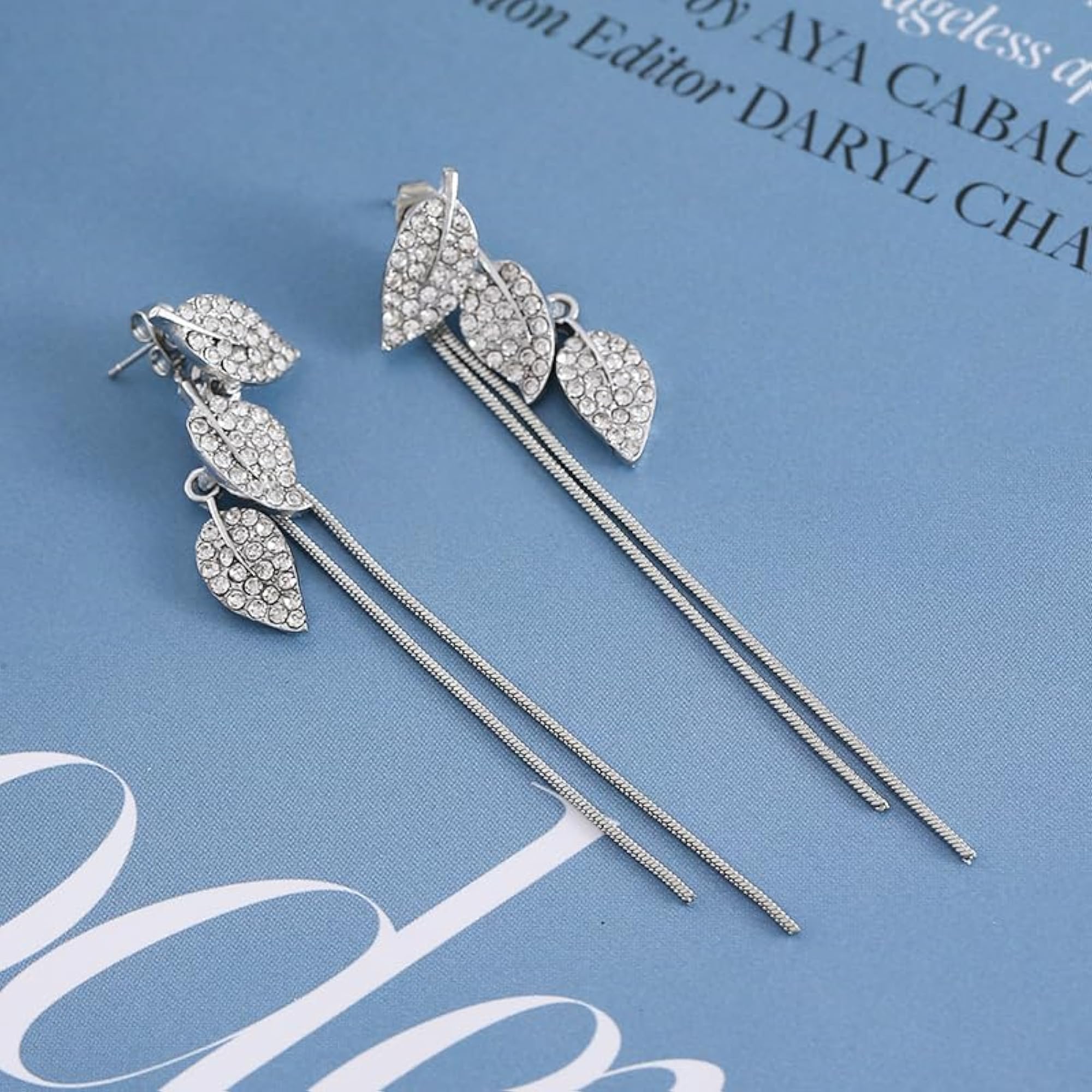 Silver Long Chain Earrings Set for Women, Leaf Design