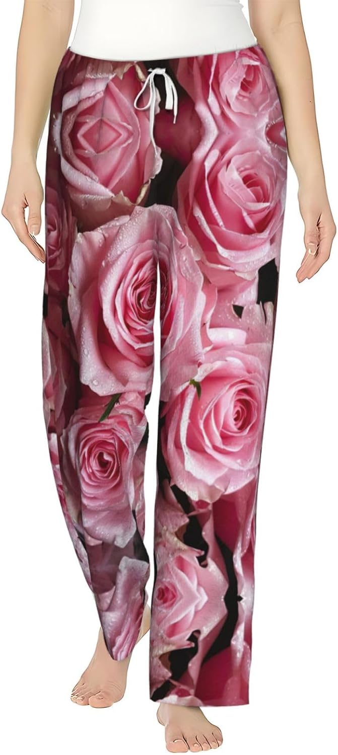 Red Fresh Roses Print Cozy Christmas Pajama Pants,Flannel Pajama Bottoms,Cater To Various Body Types