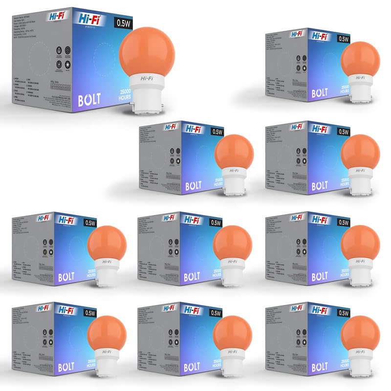 Image of Hi-Fi 0.5W LED Bulb (Orange) B22 Base | Energy Efficient Zero Watt Light | Decorative Night Lamp for Home, pooja room light & Bedroom Zero Blub (Pack of 10)