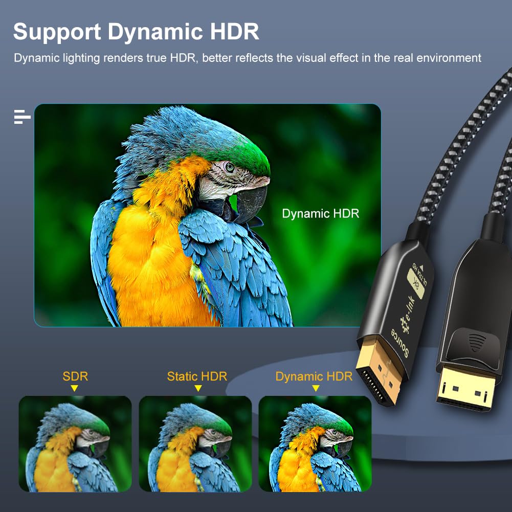 Cavo a fibre ottiche DP1.4 10m (32.8ft), ultra ad alta velocità 32.4Gbps 8K@60Hz 4K@144Hz cavo intrecciato sottile
