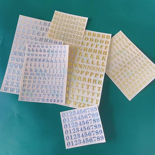Miniatura 7 de 6 hojas de letras y números, minicalcomanías autoadhesivas del alfabeto, calcomanías de letras plateadas y doradas para uñas, piezas de resina,