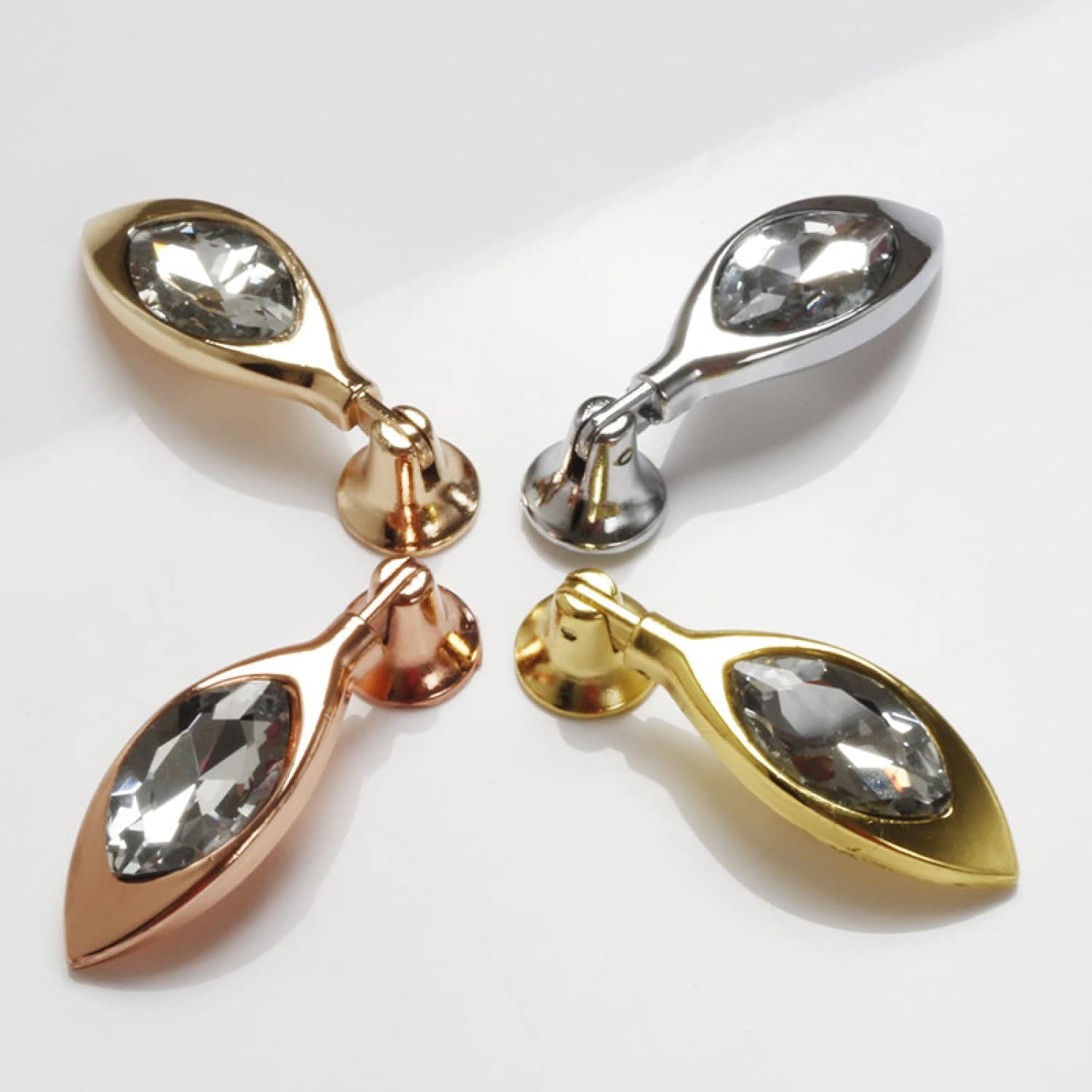 PILYON Door Knobs 4 Pcs Crystal Pendant Handle Glass Single Hole Door Knob Leaf Shape Zinc Alloy, Bright