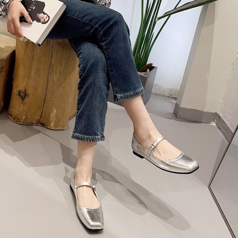 LUXINYU Mary Jane Flat Shoes for Women Square Toe Adjustable Ankle Strap Ballet Dance Shoes Comfortable School Uniform Shoes,Silver 7.5