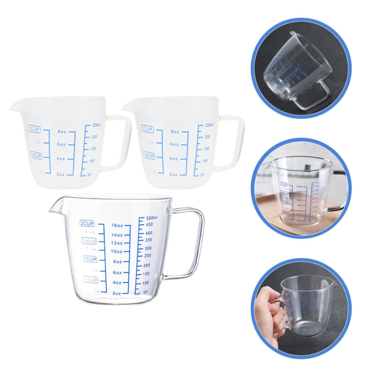 VALICLUD 3 Piezas Taza Vidrio y Medidora de Asa 500ml 250ml con Líquidos | Graduación Visible, Fácil de Llevar y Guardar, Uso en Cocina