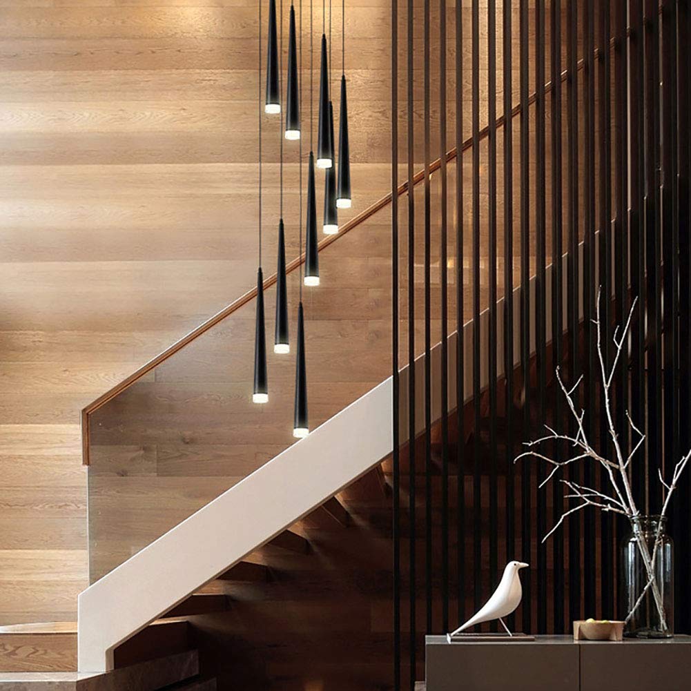 Semi-luz De Techo De Montaje Al Ras,Escaleras De Caracol De Apartamento Luz De Techo,Lámpara De Suspensión Creative Villa,15 Cabeza Loft Largo Lámpara De Sala Luz Blanca Negra 15-light