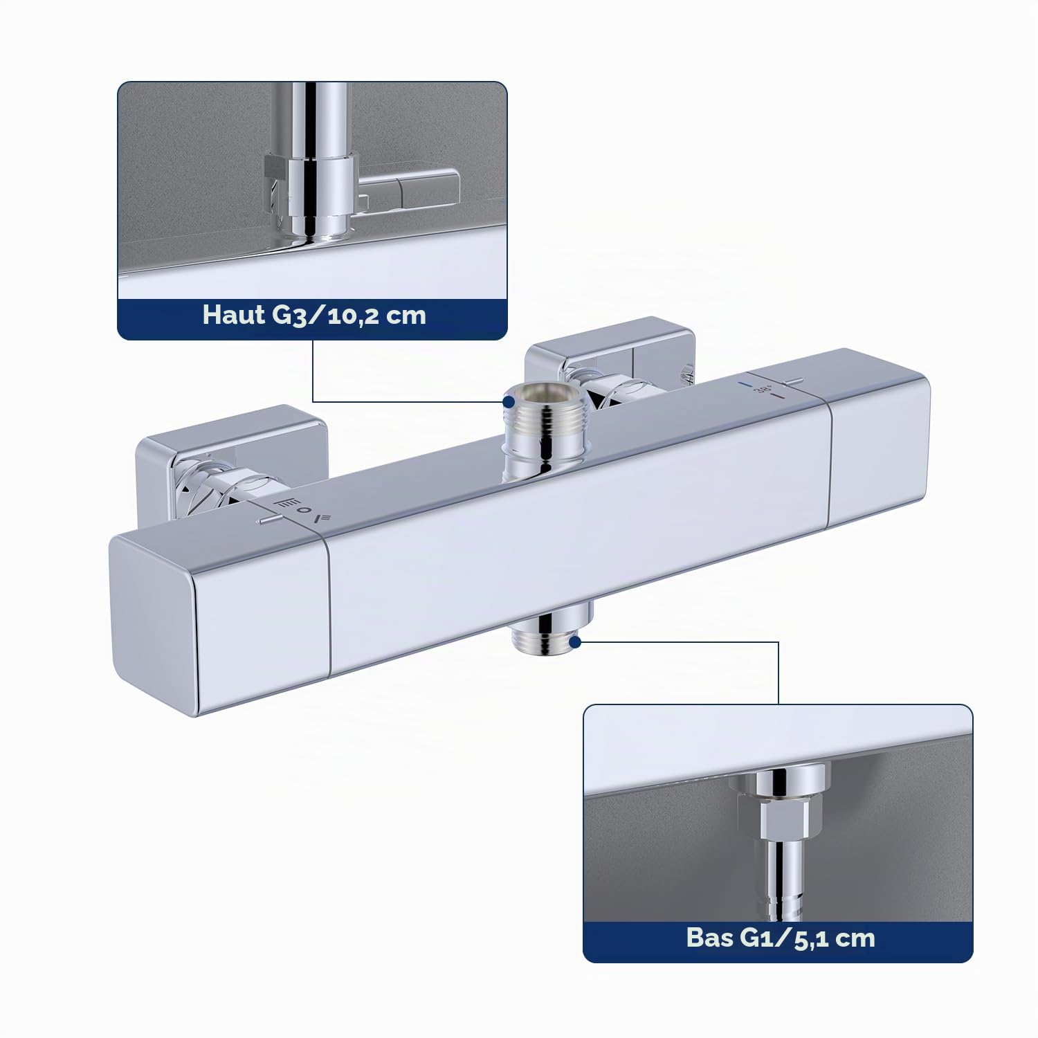 Mitigeur Douche Thermostatique 2 Sorties, Chromé Mural Carrée | Sortie supérieure 3/4" + inférieure 1/2", cartouche céramique, sécurité 38°C
