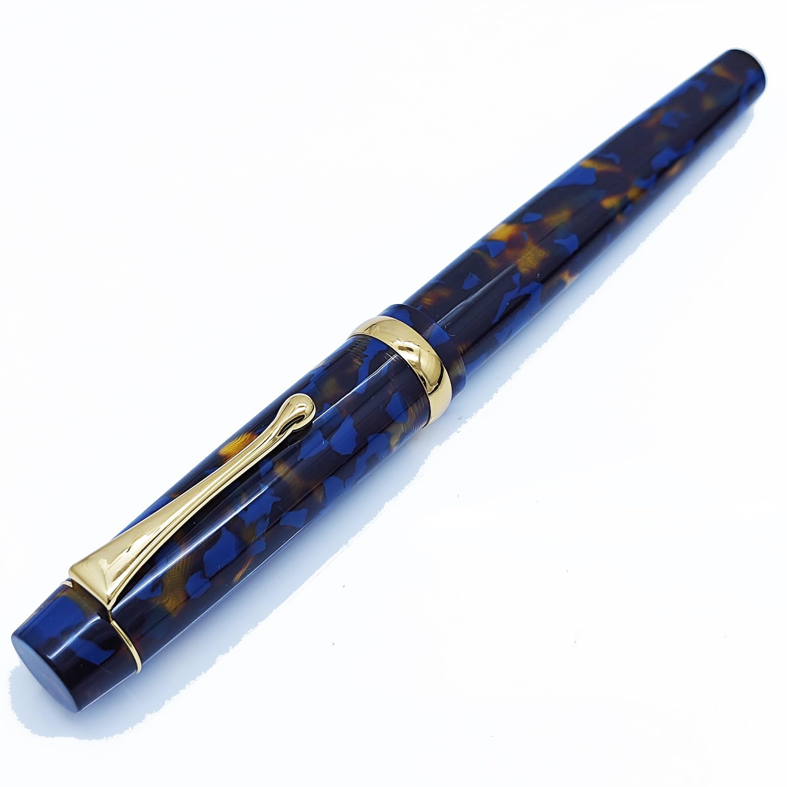 Luxury Writing Fountain Pen Set,Brown Blue Acrylic Marble,Medium Nib, Refillable Ink Converter, Ink Cartridge (Blue/Black) Gift Box