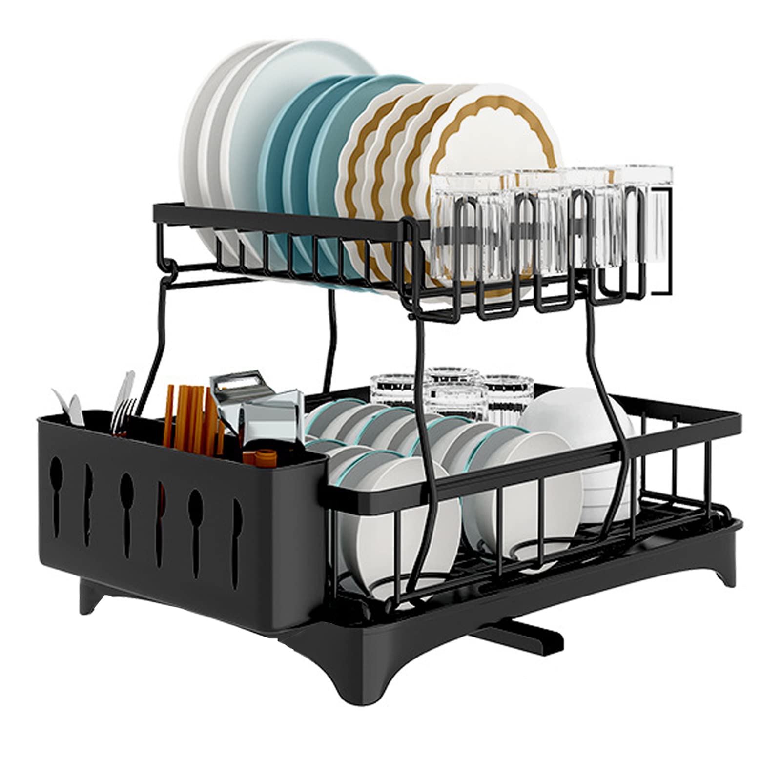 Prosight Dish Drying Rack, 2 Tier Dish Rack with Adjustable Swivel Spout Cups Holder Utensils holder, Rustproof Dish Drainer for Kitchen Counter, 17.3” L× 12.2”W× 13”H
